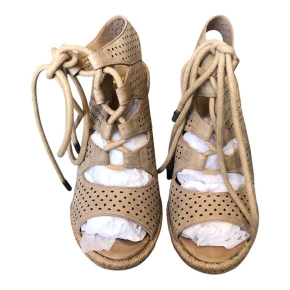 Johnston & Murphy Mandy Espadrille Wedge Sandals Tan 6.5 Lace-Up Preowned - Picture 2 of 15